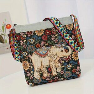 Canvas Elephant Embroidery Crossbody Bag Vibrant Ethnic Design Adjustable Strap